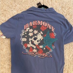 Ed Hardy Navy Polo with front and back Skull Design. Back with BLING!